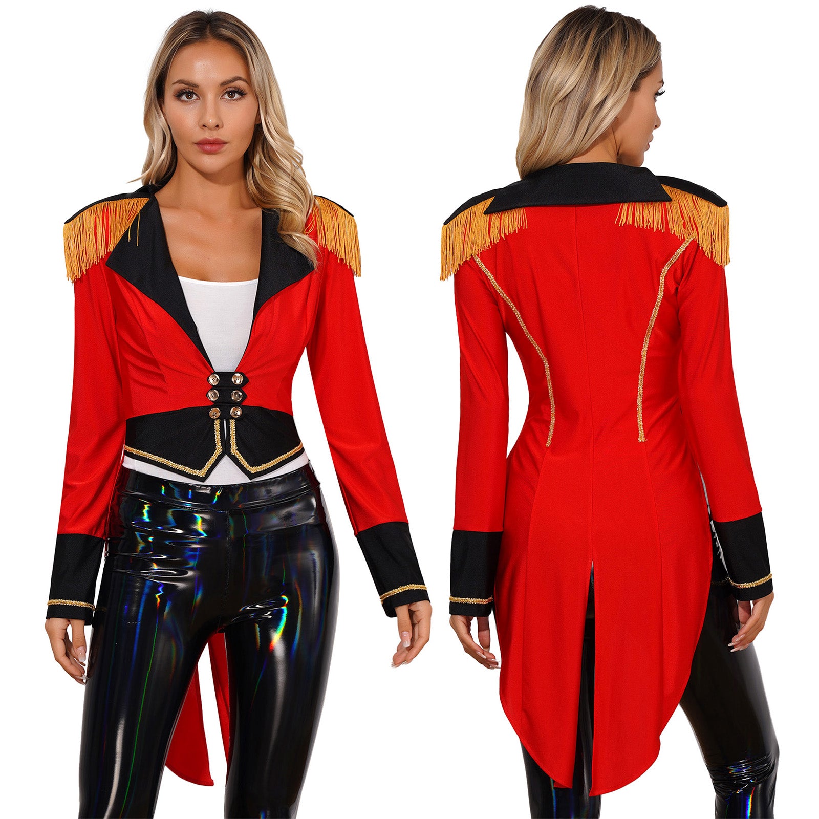 A stylish women’s circus ringmaster costume, perfect for Halloween, carnival, or themed parties.