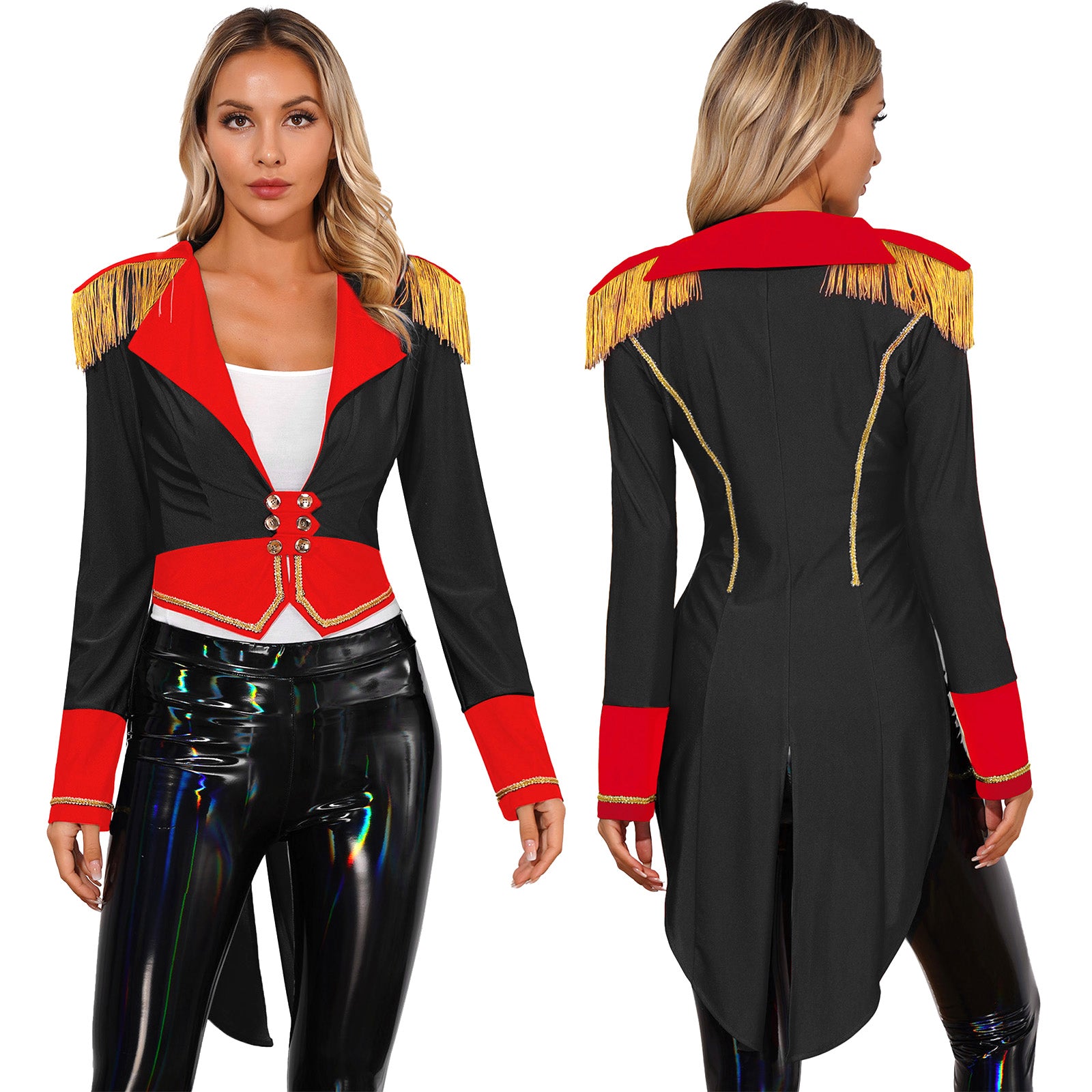 A stylish women’s circus ringmaster costume, perfect for Halloween, carnival, or themed parties.