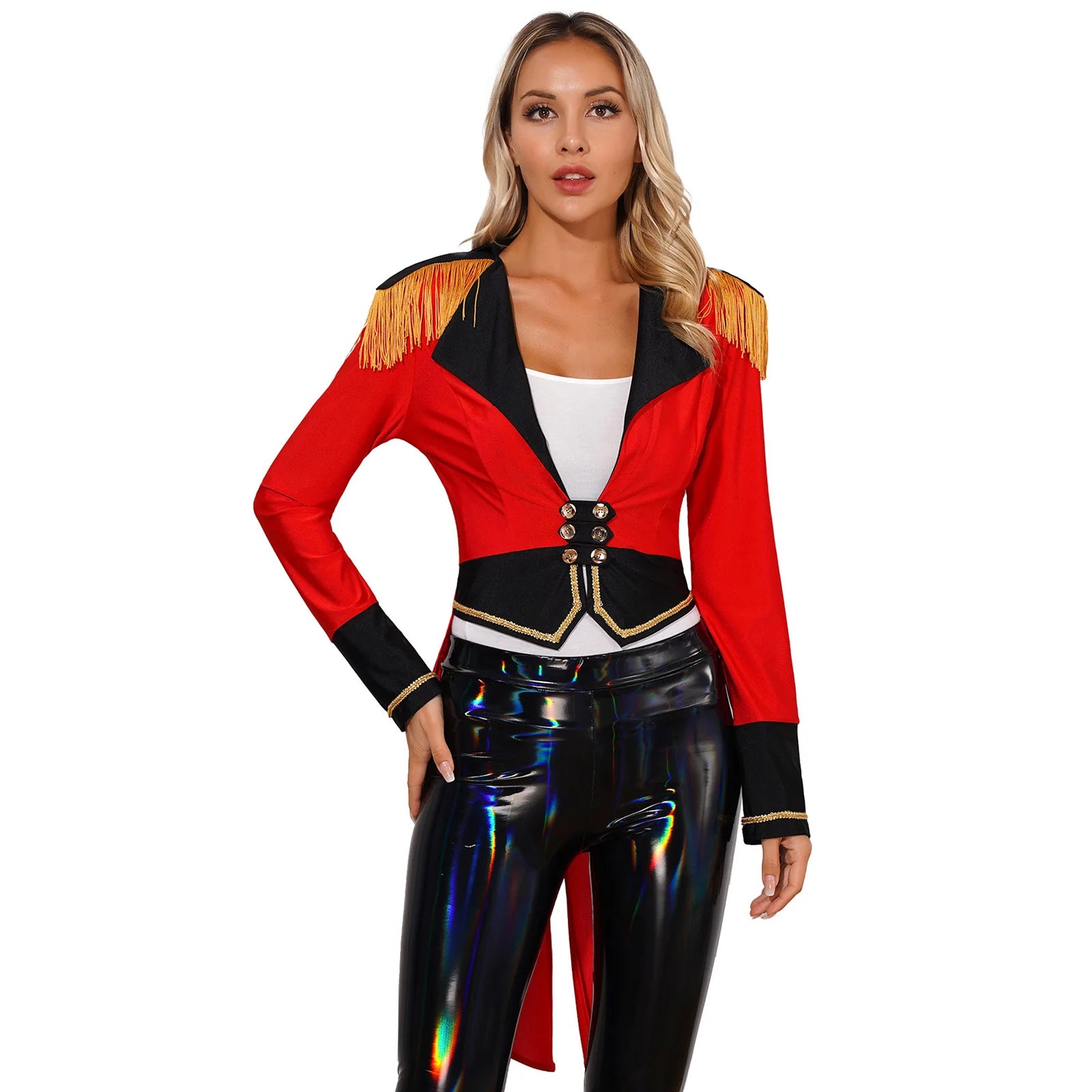 A stylish women’s circus ringmaster costume, perfect for Halloween, carnival, or themed parties.